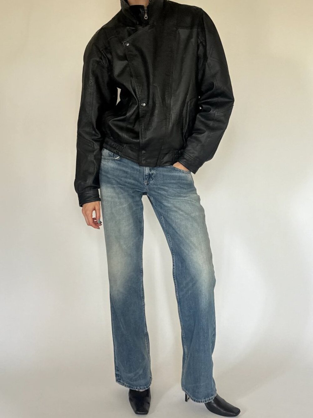 Vintage Oversized Genuine Leather Bomber Jacket Black
